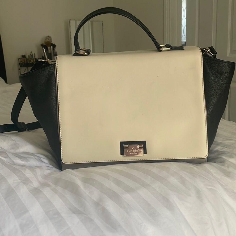Kate Spade Top Handle Flap Tote Black Cream Taupe